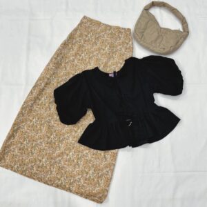 Almond printed skirt with black peplum top