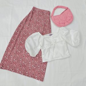 Tea pink printed skirt x baby doll sleeve top